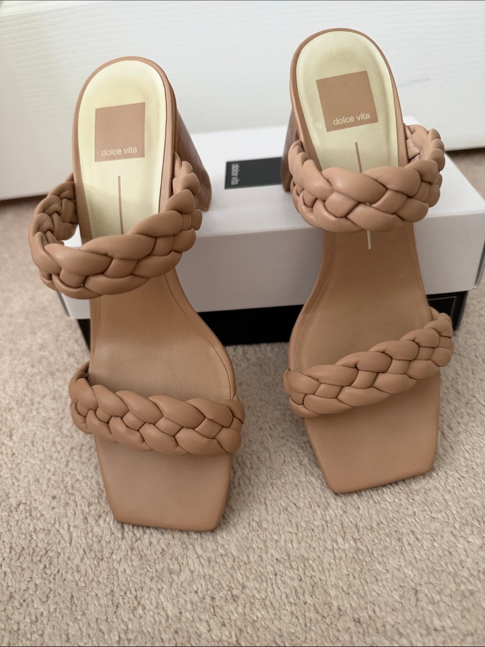 Dolce Vita Braided Double-Strap Heels in Nude Tan
